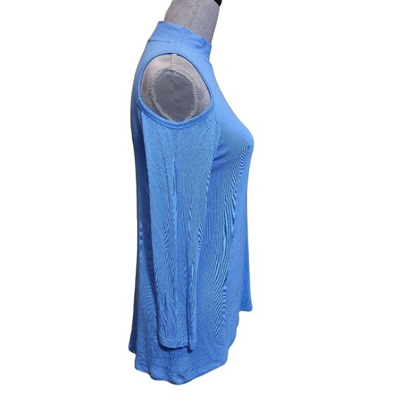 Kaari Blue Top Mock Neck Could Shoulder Blue Knit Stretch Soft Shirt Womens XS - Picture 5 of 6